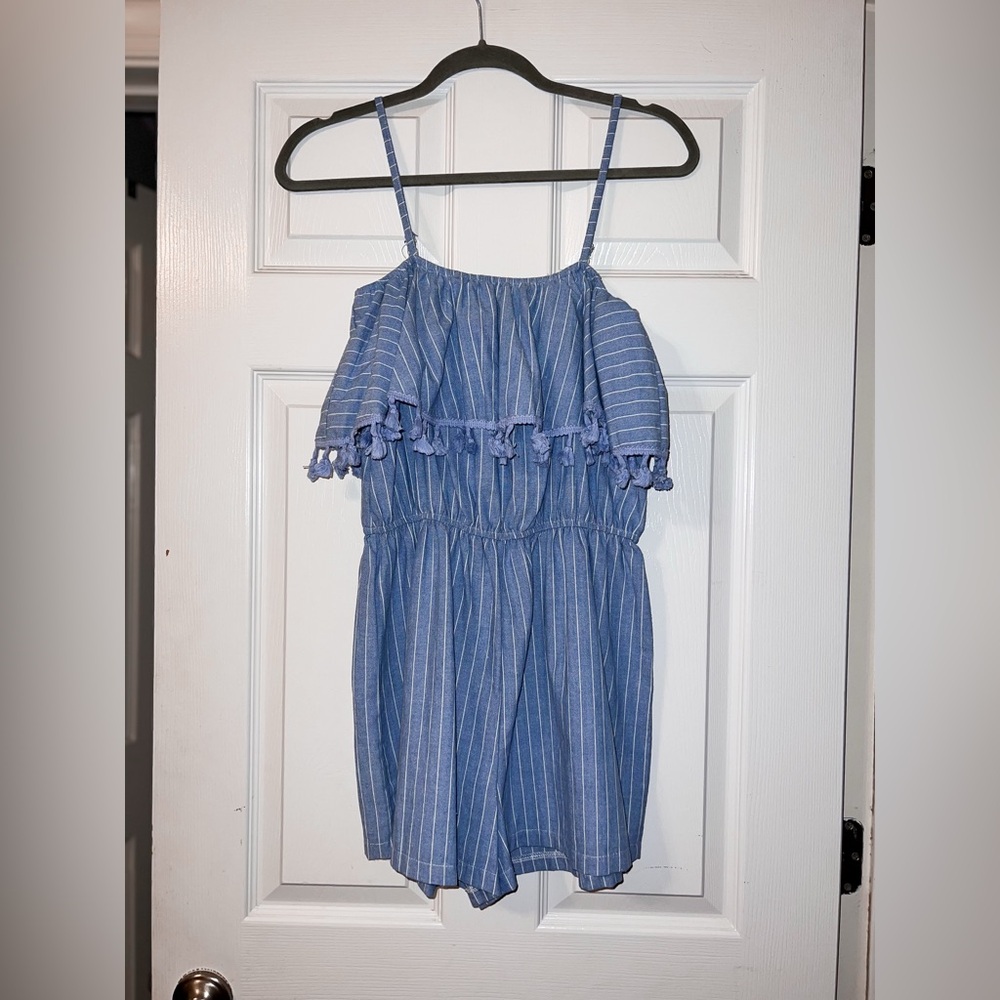 Blue + White Striped Tassel Romper